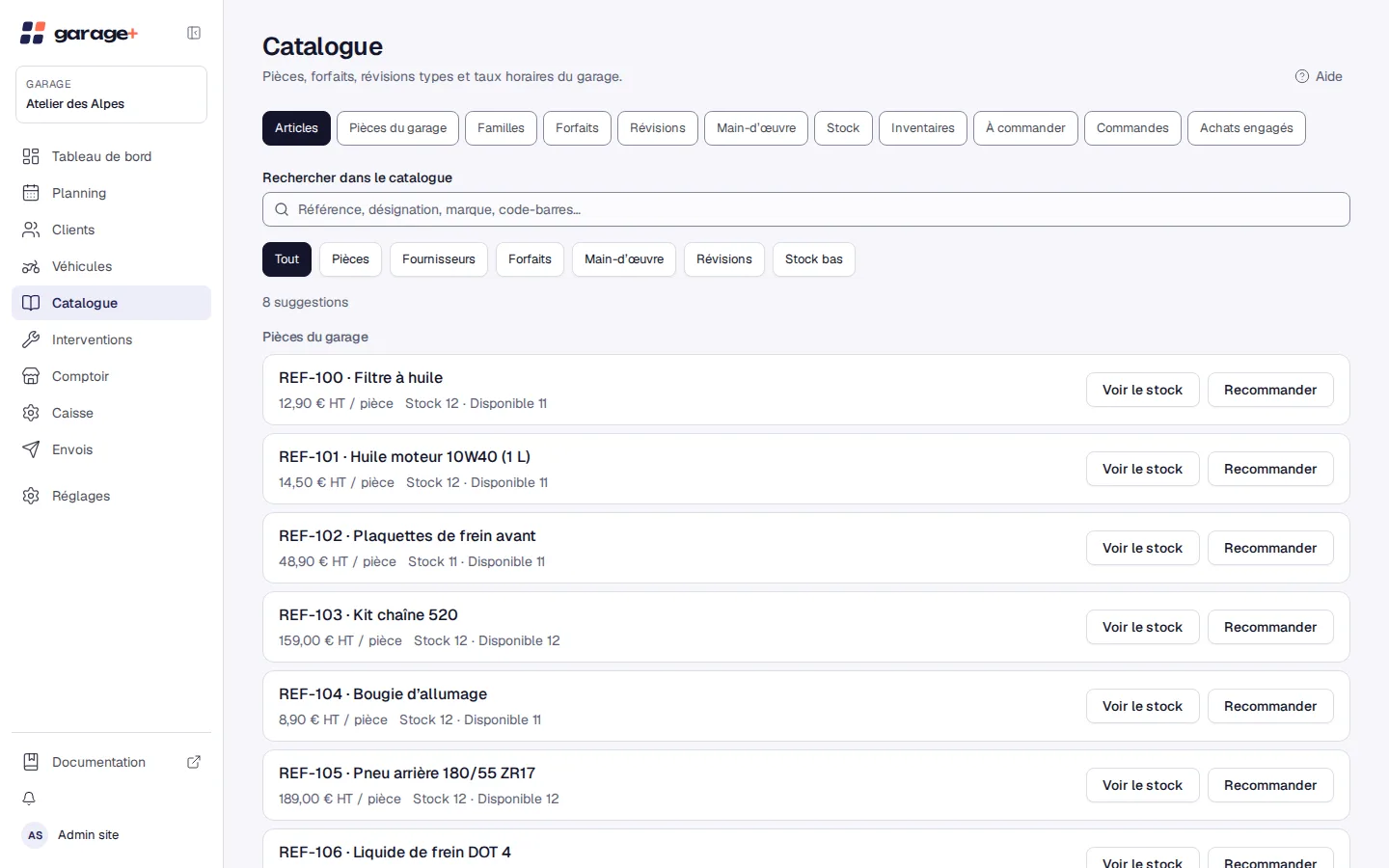 Le catalogue de Mekaplus : pièces et niveaux de stock.