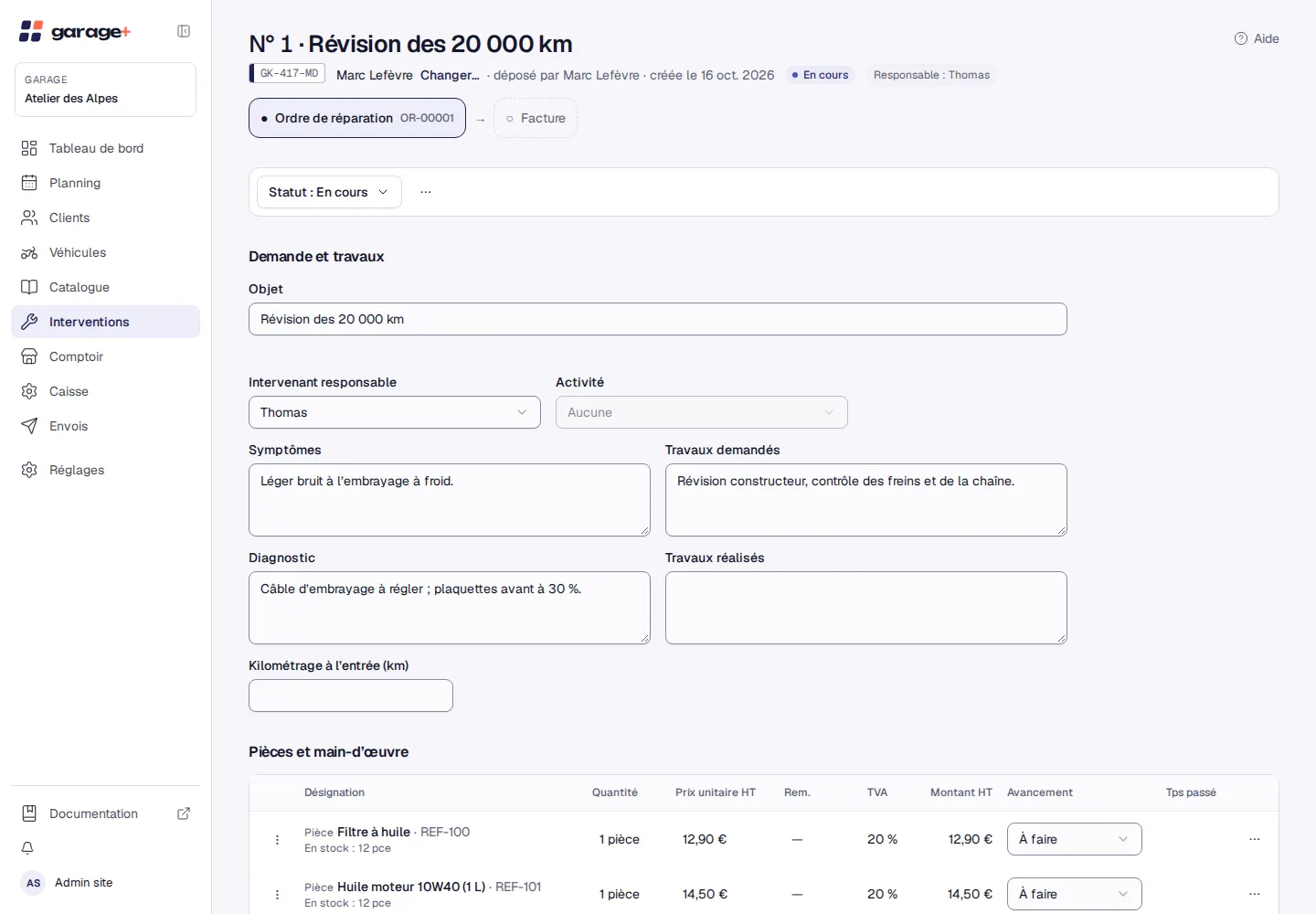 Une intervention en cours dans Mekaplus, avec son diagnostic et ses lignes de pièces.