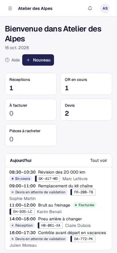 Le tableau de bord de Mekaplus sur téléphone.